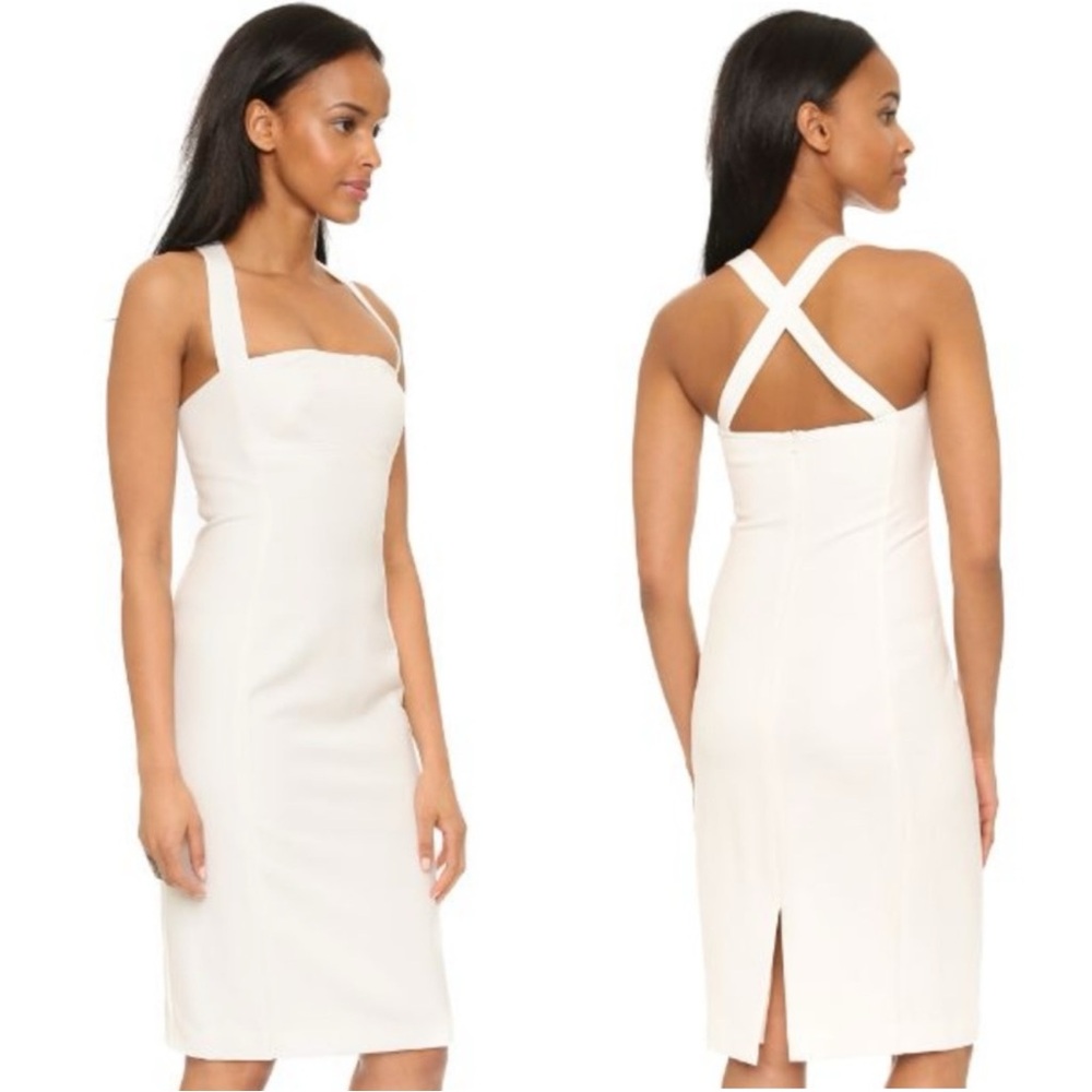 BLACK HALO Crepe White Cross Back Slit Midi Dress